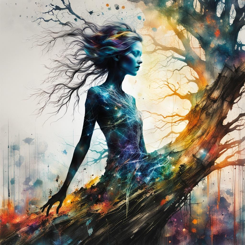 Glowing Silhouette Tree Woman in Precisionism Style