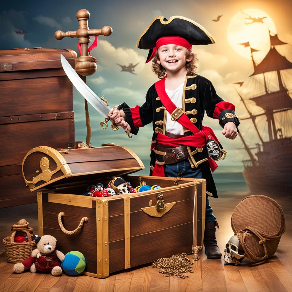 A kid dressed as a pirate and waving a toy pirate sword guarding his treasured toy chest.