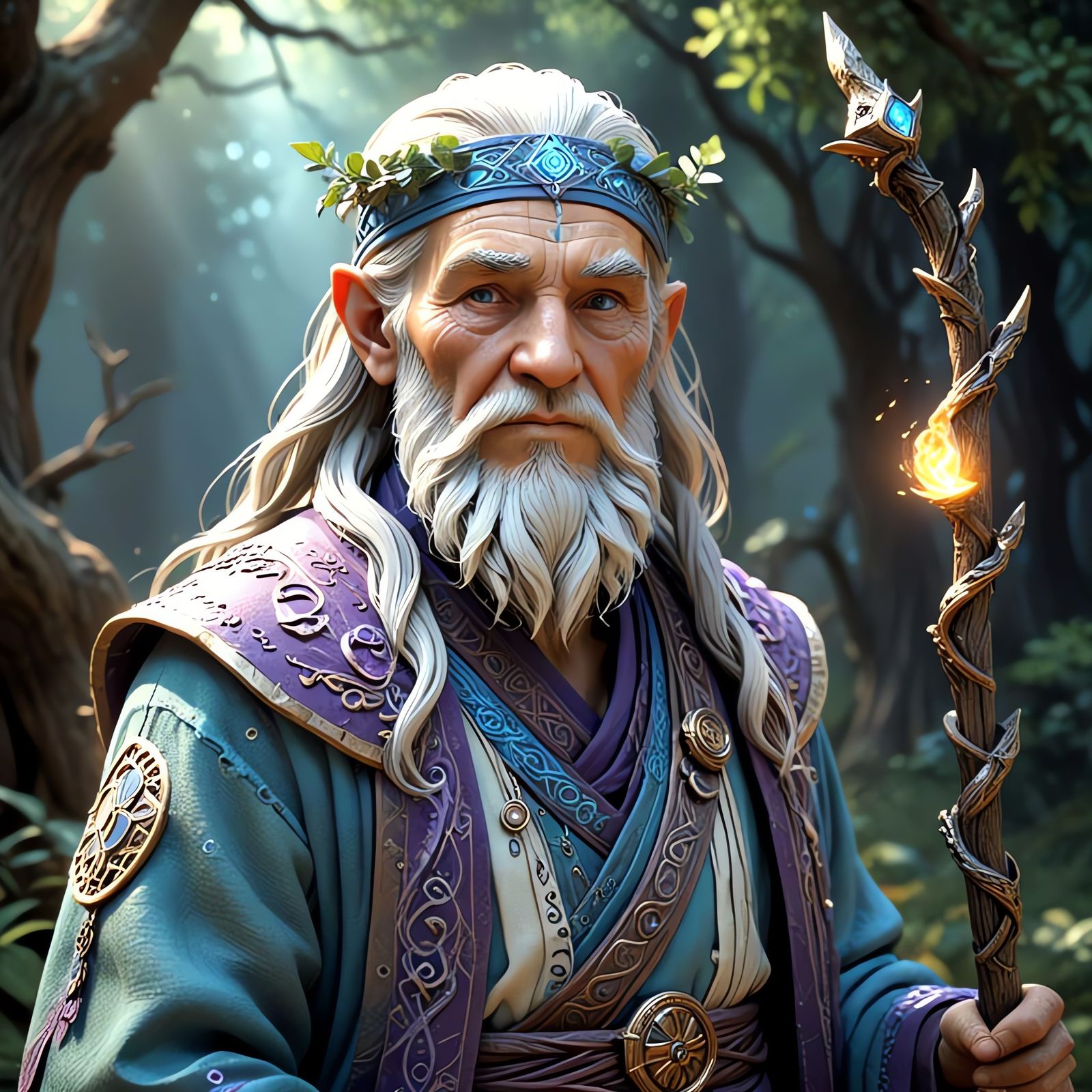 Elder Sage with Weathered Staff in Vibrant Concept Art