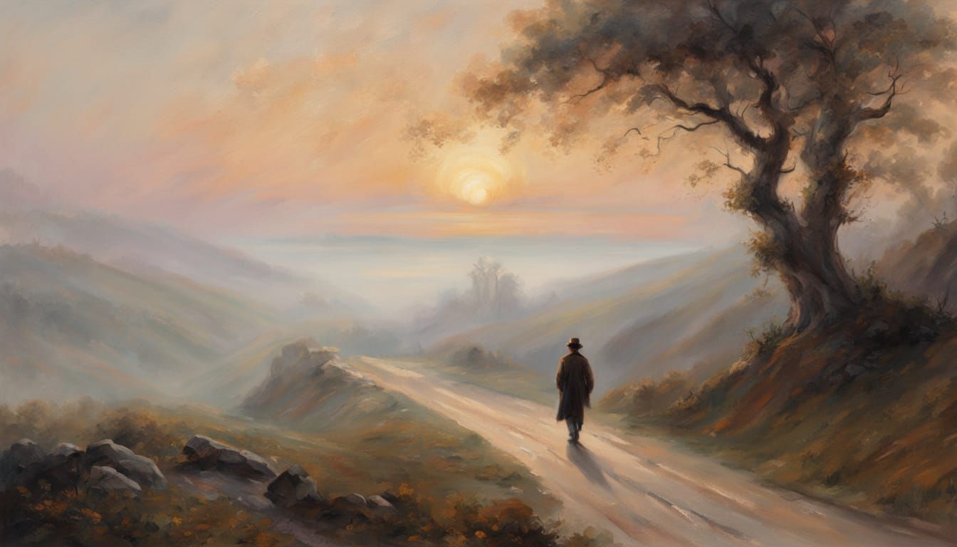 Young Man Contemplates Sunset by Old Tree