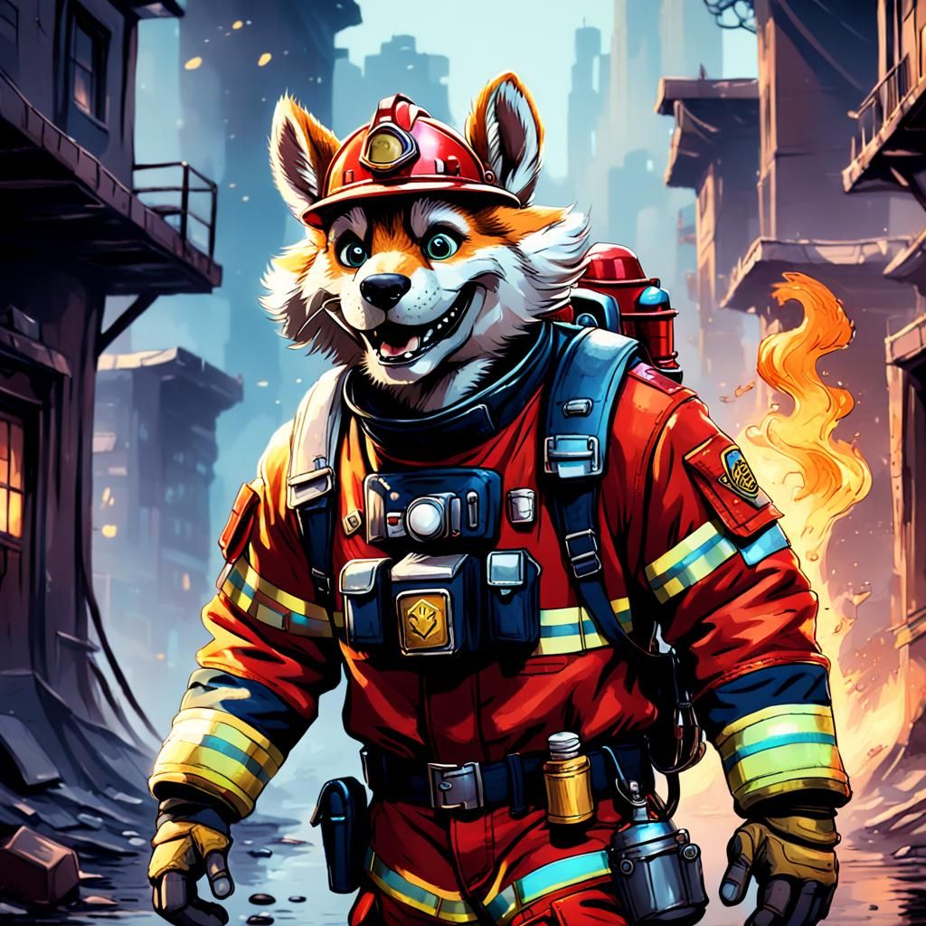Joyful Furry Fireman in 90s Video Game Style
