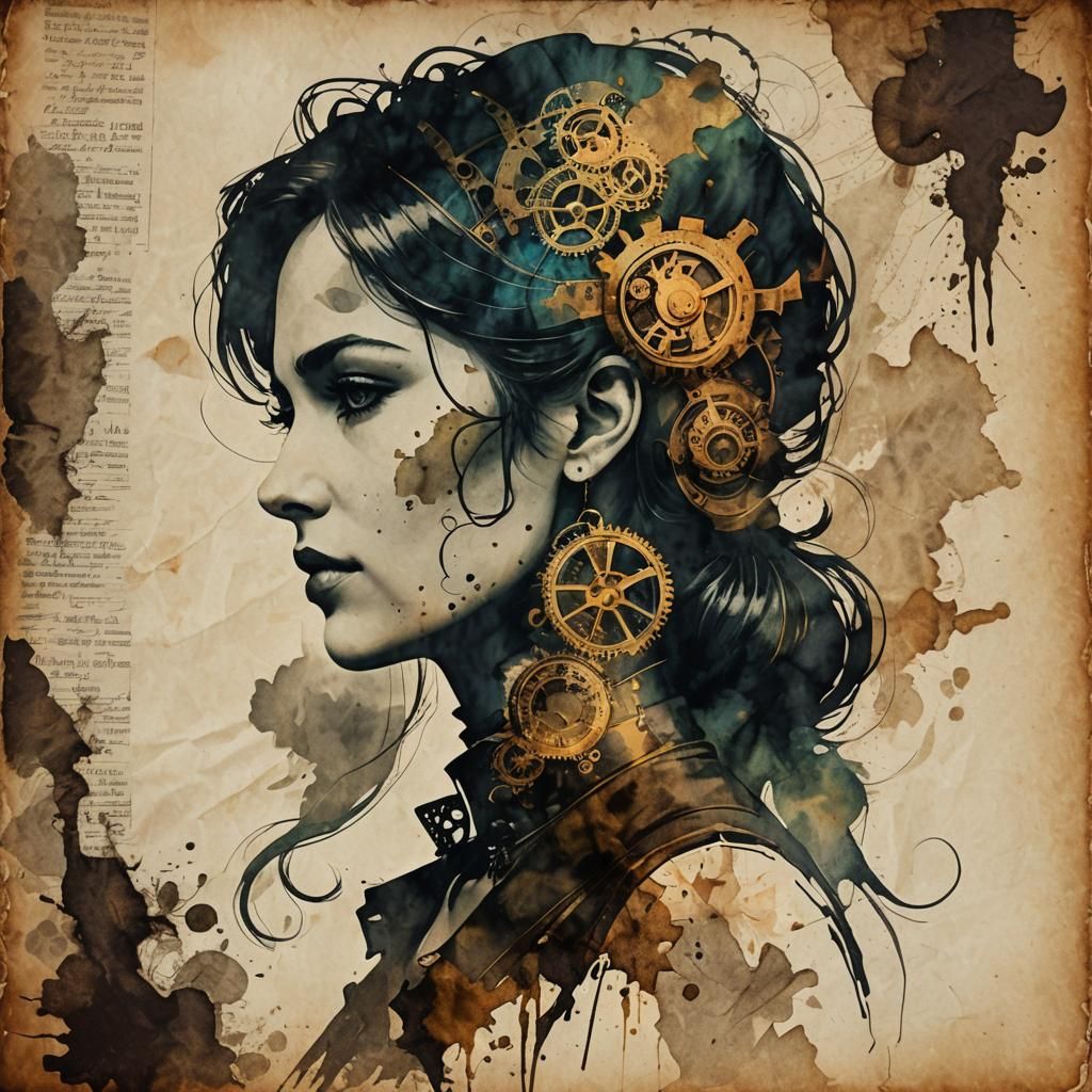 Steampunk Silhouette in Ink Painting Style