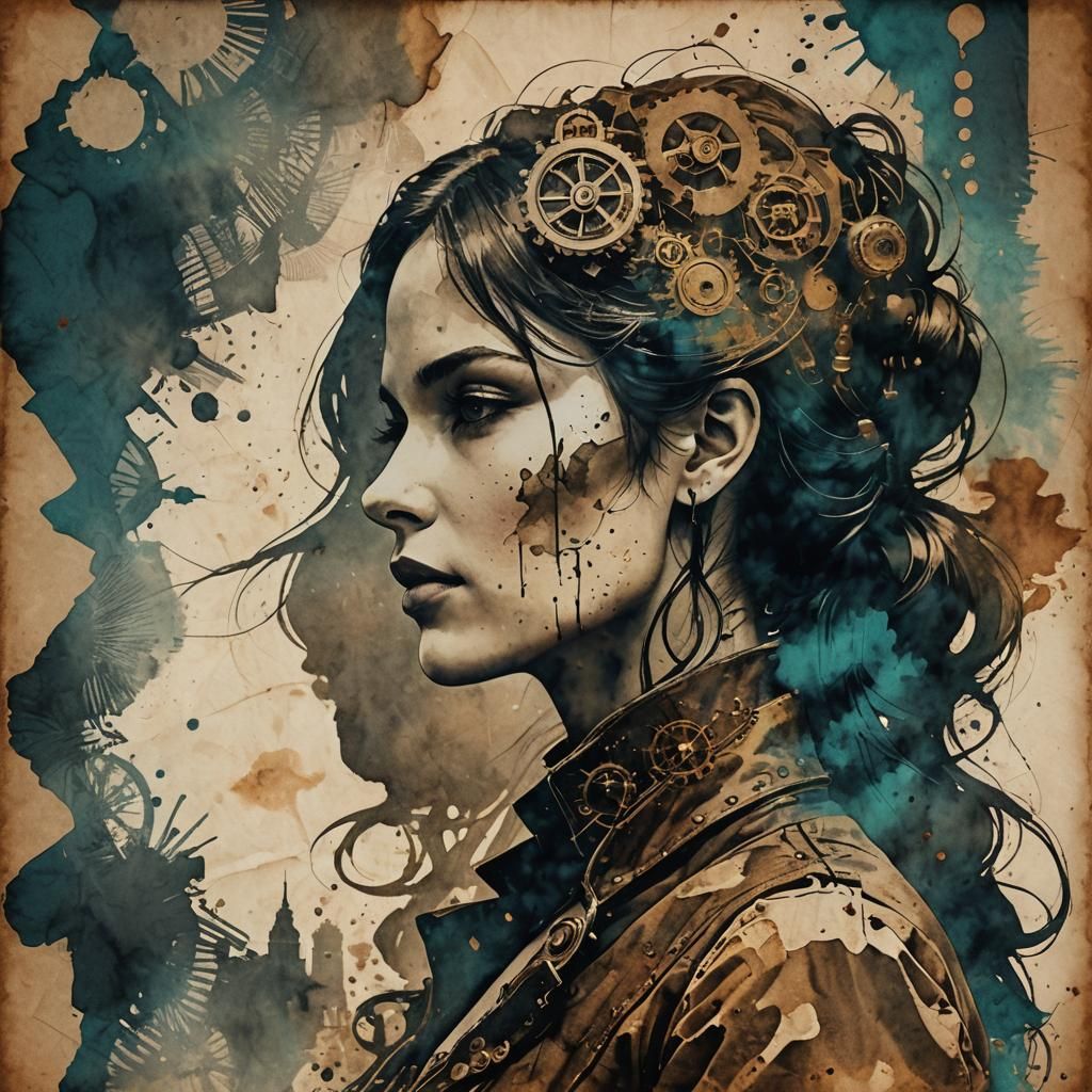 Steampunk Silhouette in Ink Painting Style