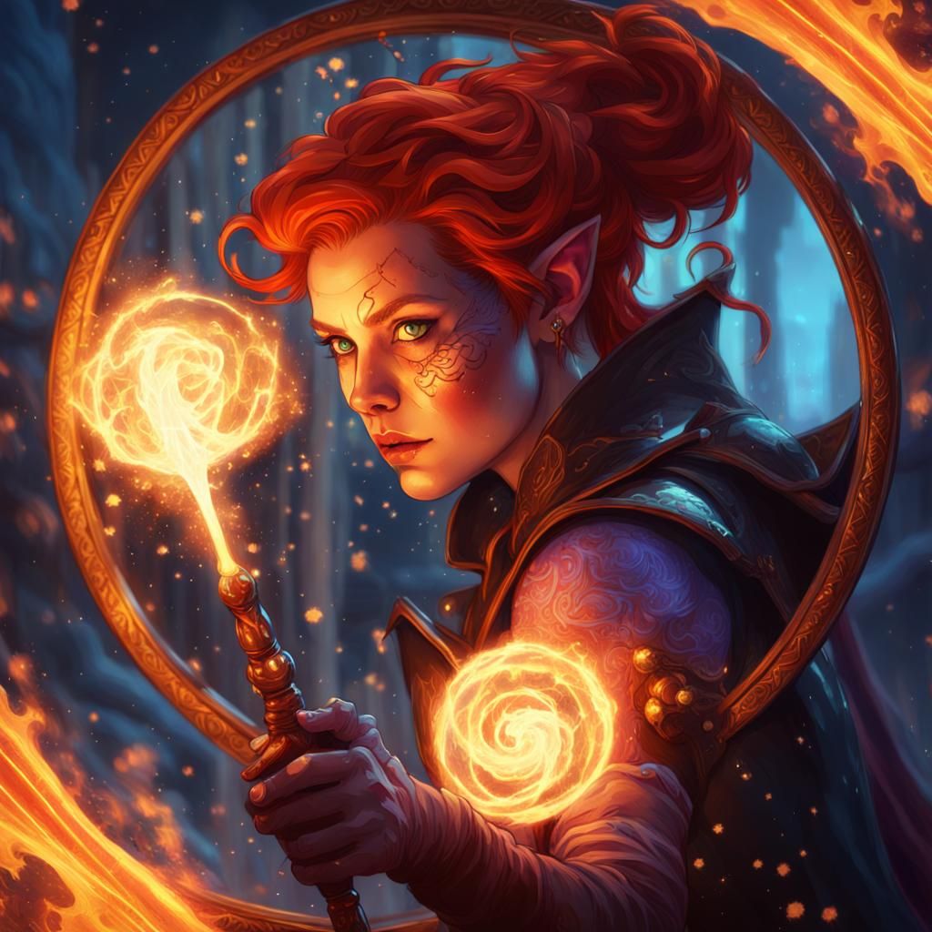 Tiefling Wizard Conjures Magic Mirror Reflection