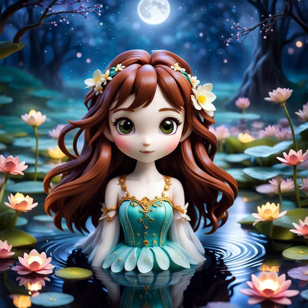 A chibi claymation young girl serenely bathed in the ethereal radiance of a shimmering moonlit pond