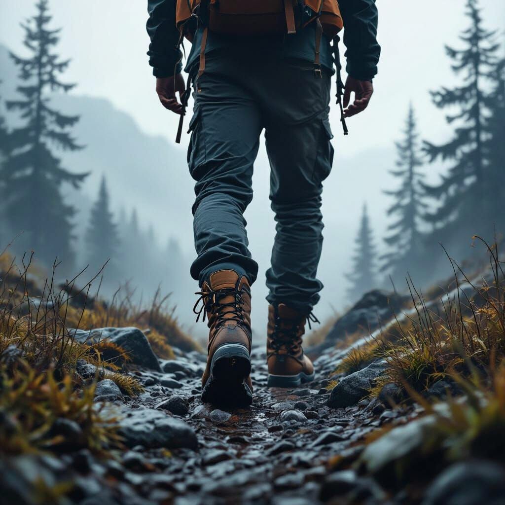Hyperrealistic Hiker in Misty Wilderness Landscape
