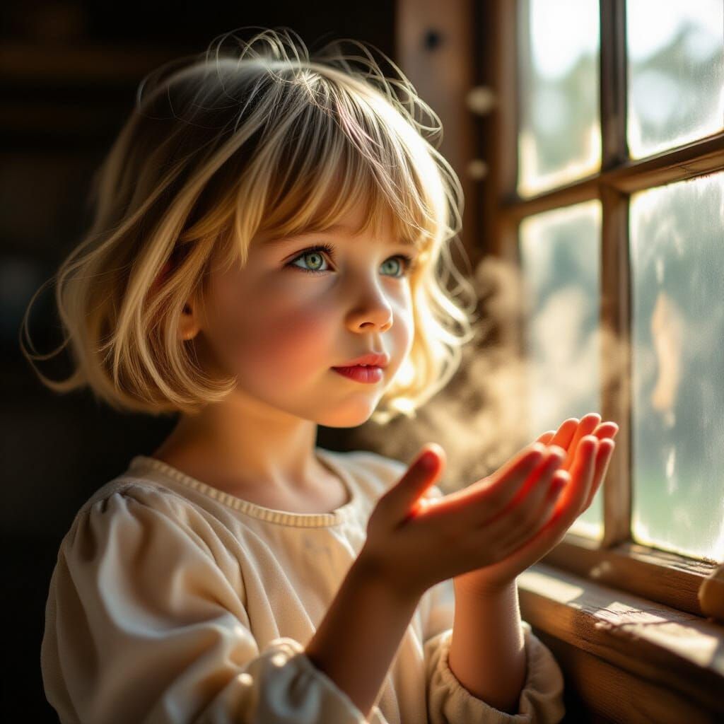 Girl Blowing Golden Dust Cloud in Sunlit Room