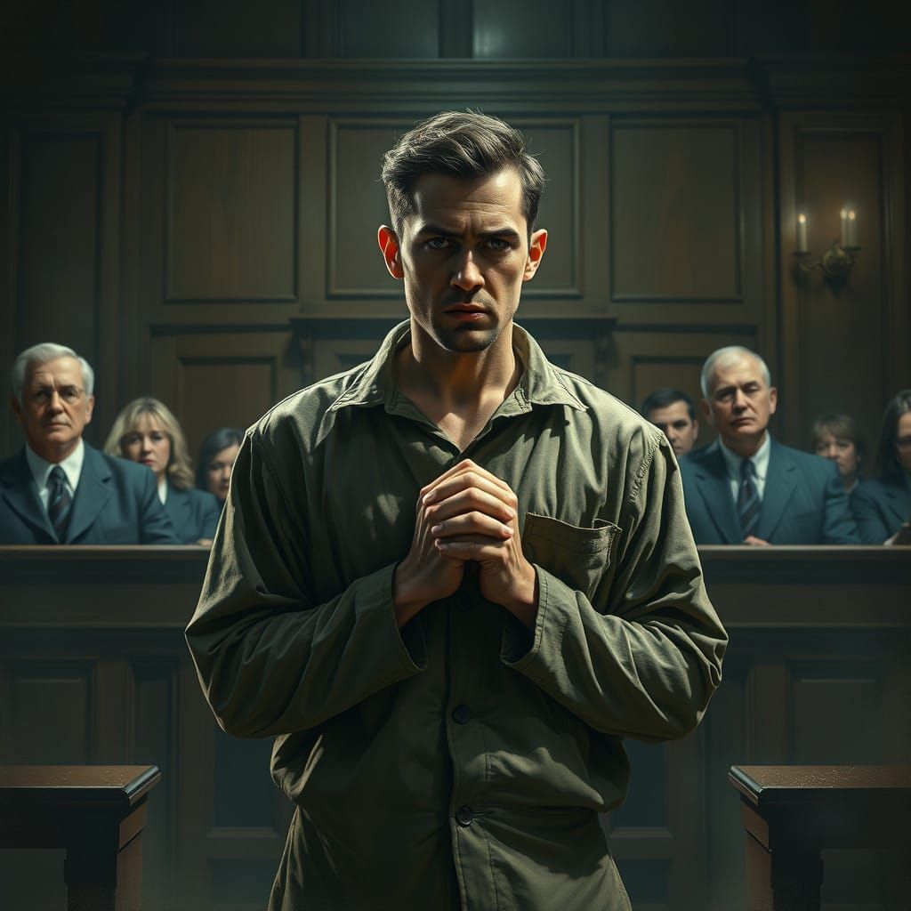 Gritty Portrait of a Man Waiting for Verdict in a Somber Cou...