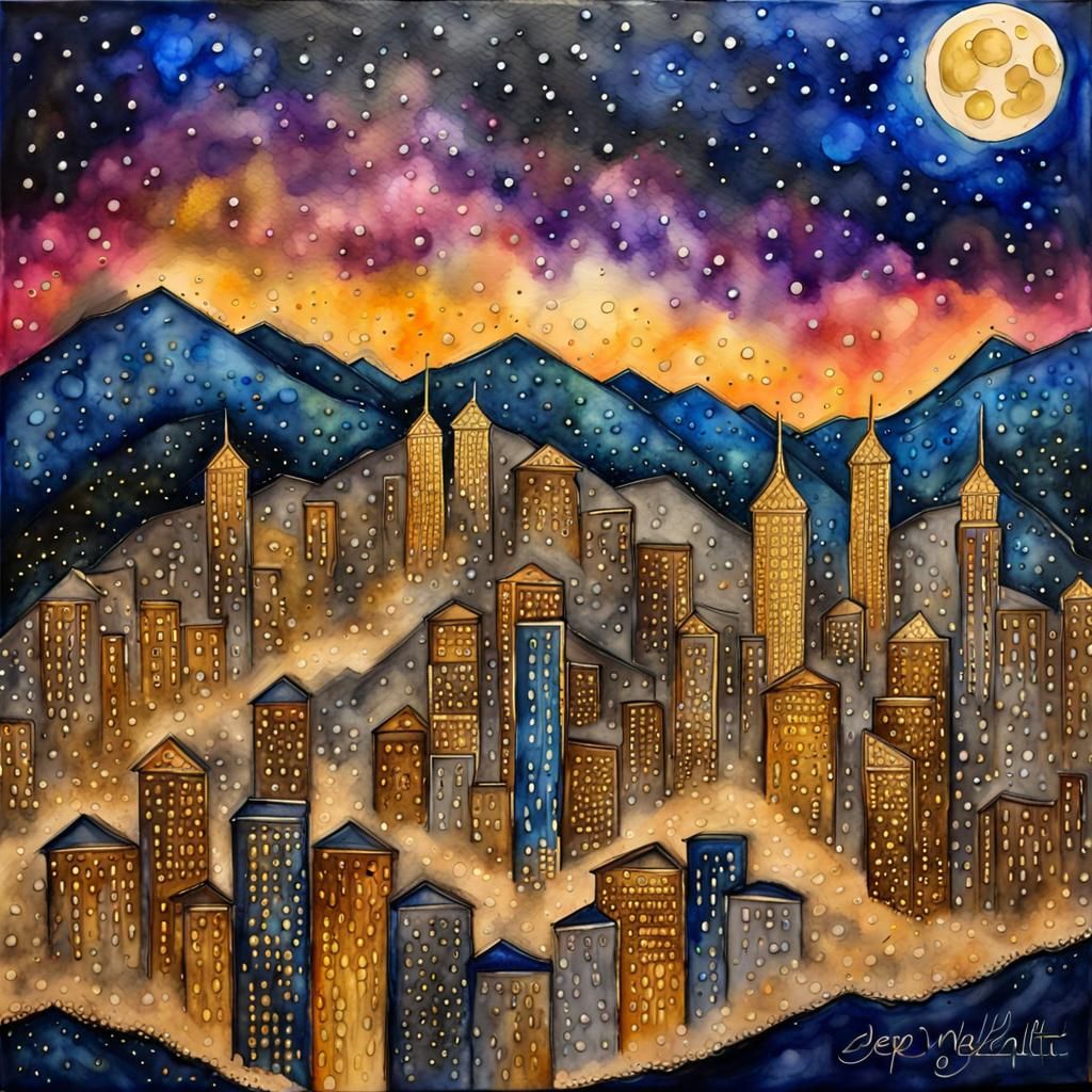 Glittering Night Cityscape in Watercolor Painting
