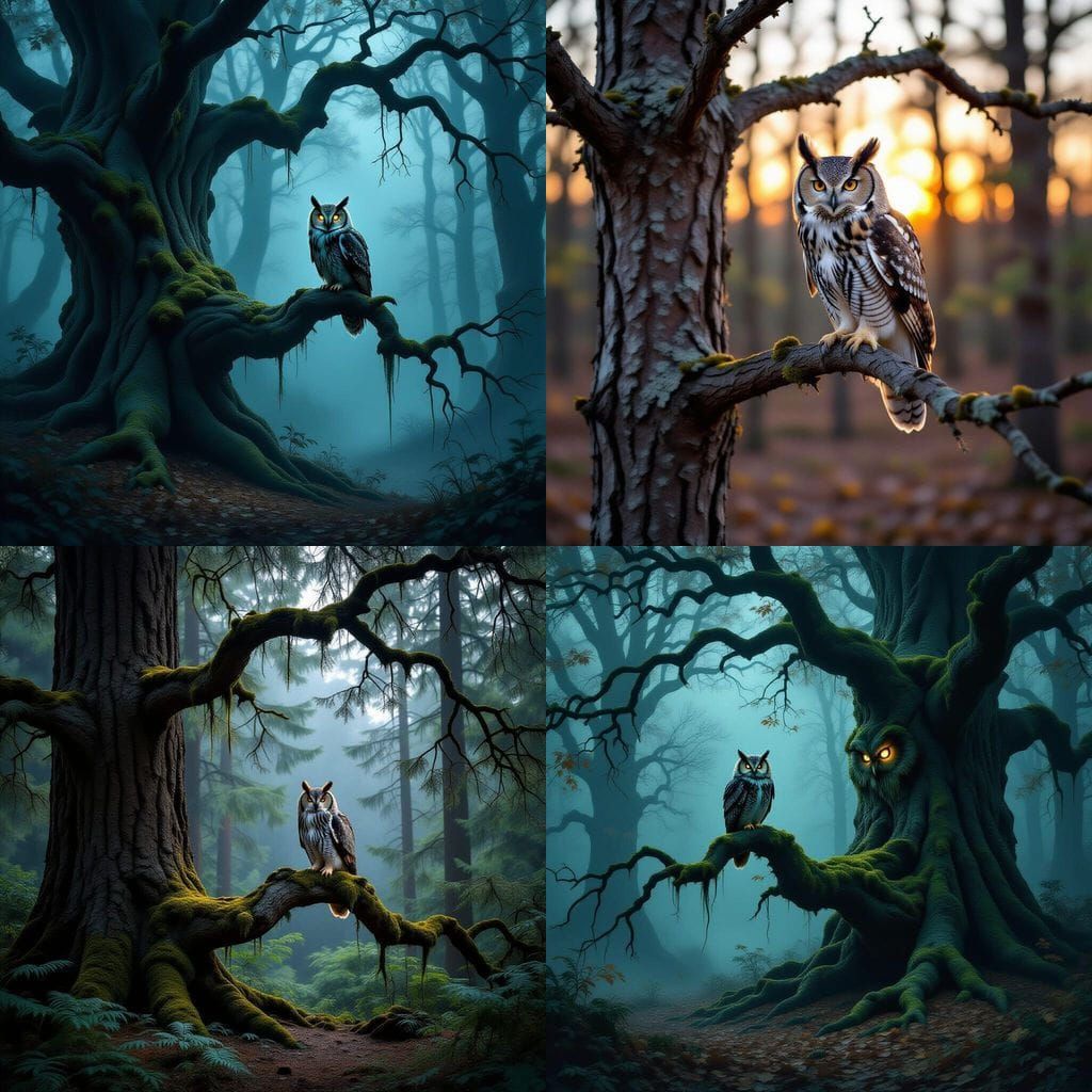 Ancient Owl in Dark Fantasy Forest