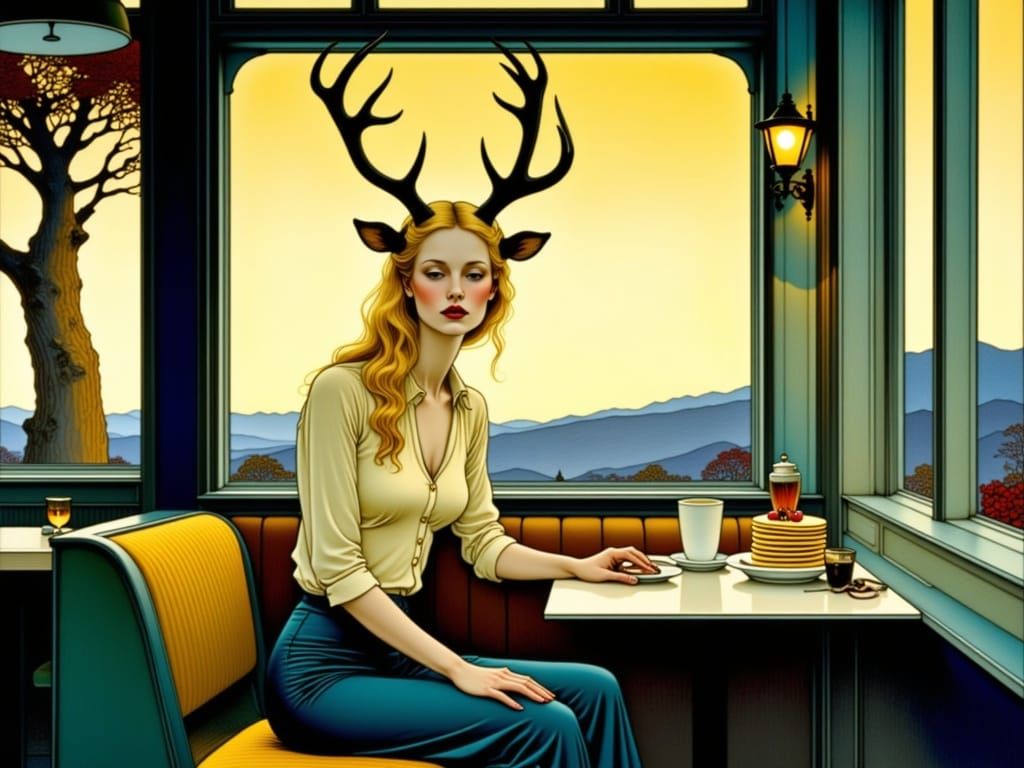 Vibrant Café Scene with Antlered Woman
