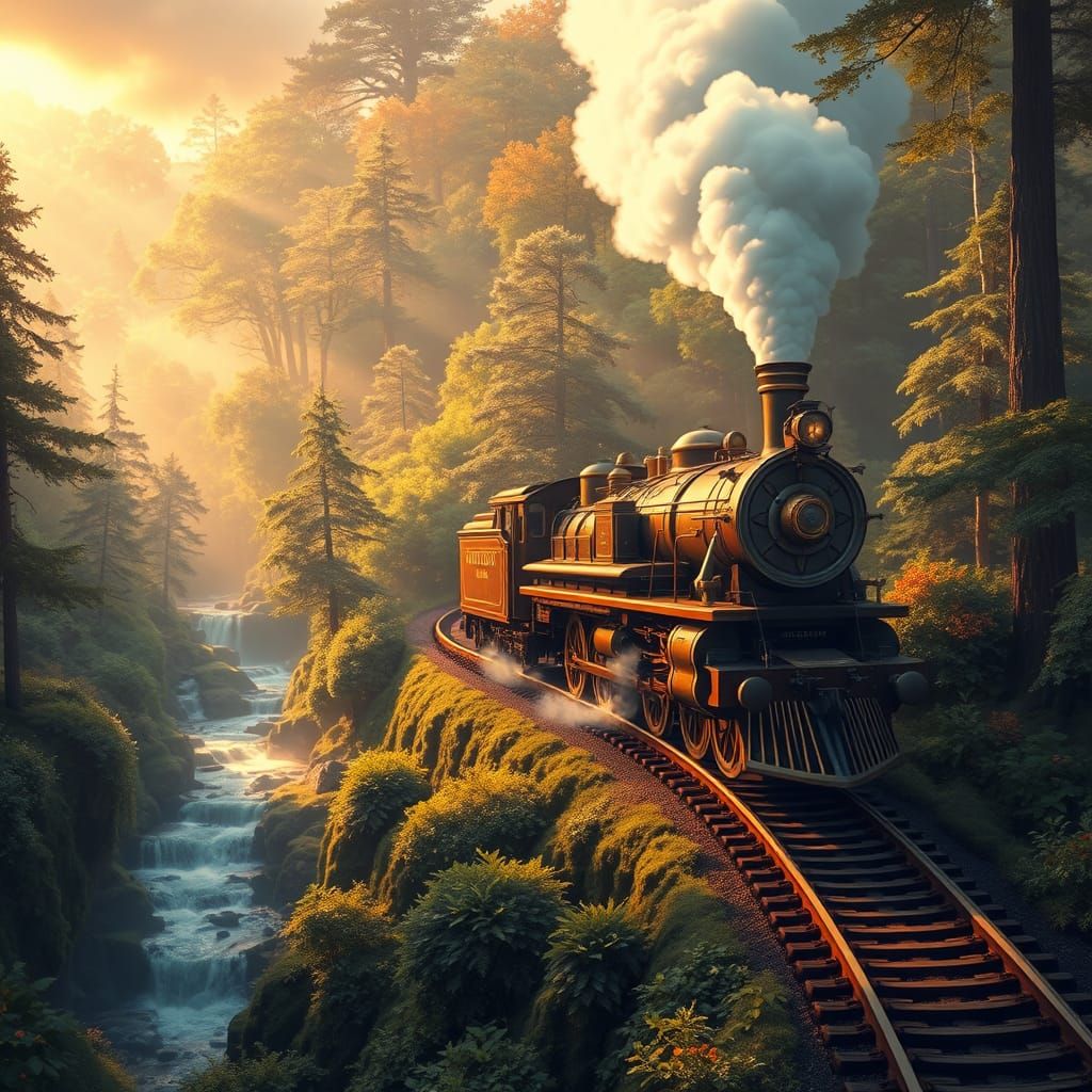 Steam Locomotive Chugs Through Whimsical Forest Landscape