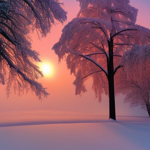Winter Sunset Over Snow-Covered Hills and Trees