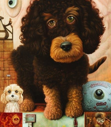 Curly Cavoodle Portrait with Ginger Eyebrows