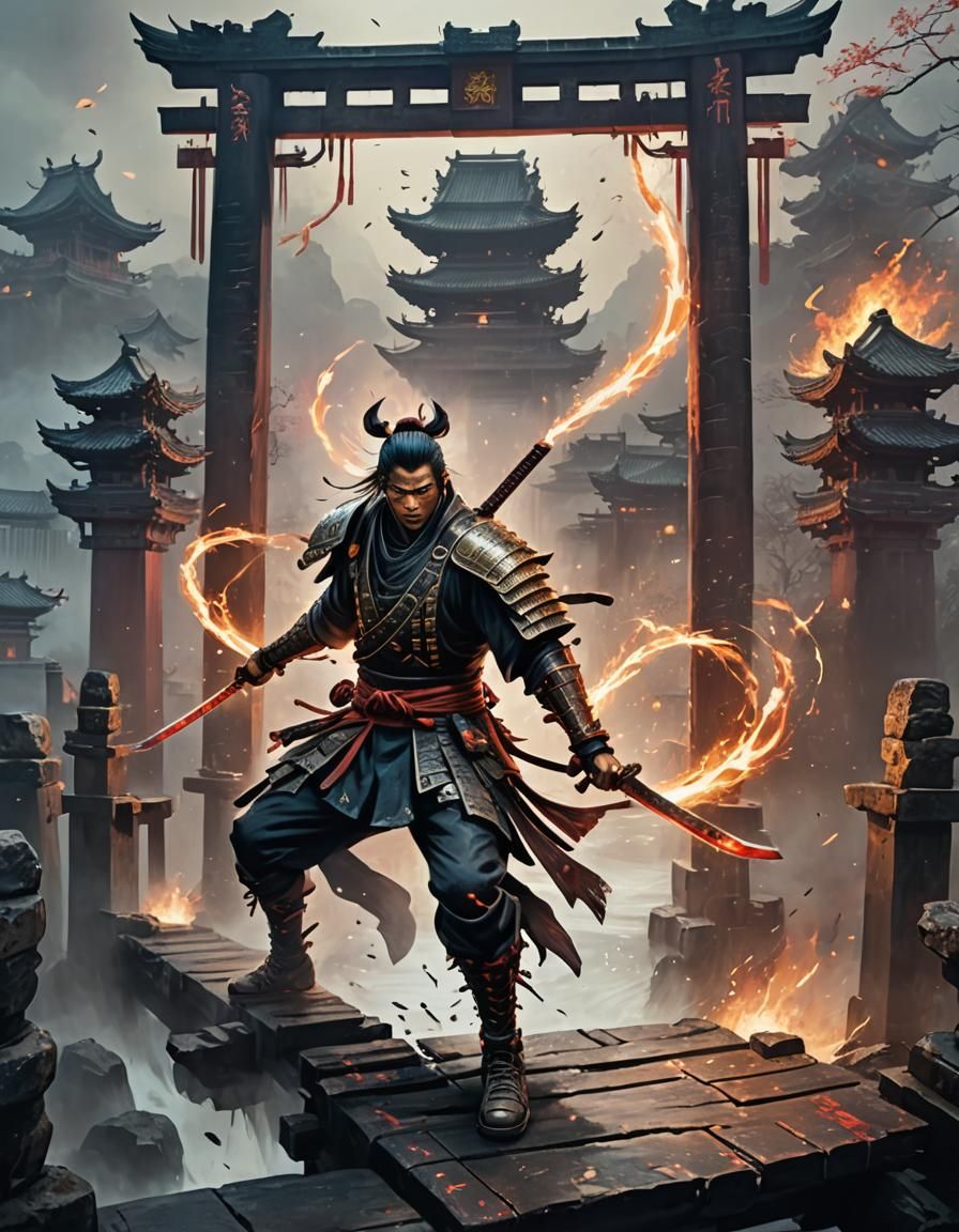 Punk Samurai Warrior on Ancient Bridge