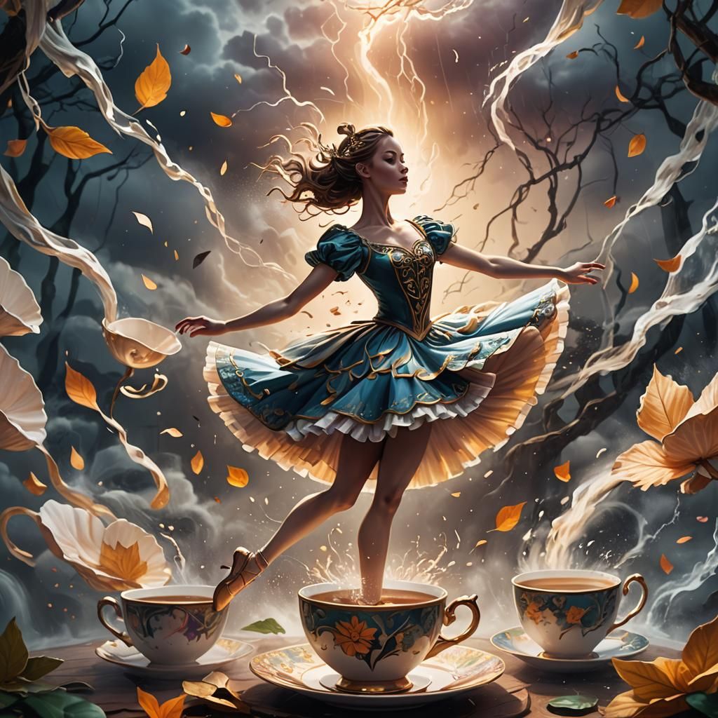 Ballerina Dancing in Teacup Storm, Fantasy Oil Painting