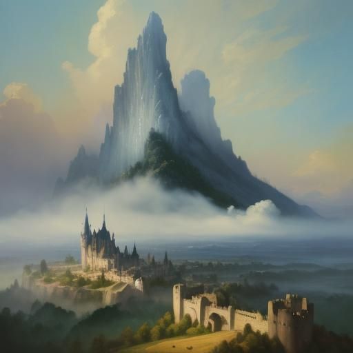Dragon Castle in Gouache Style: Panoramic Landscape