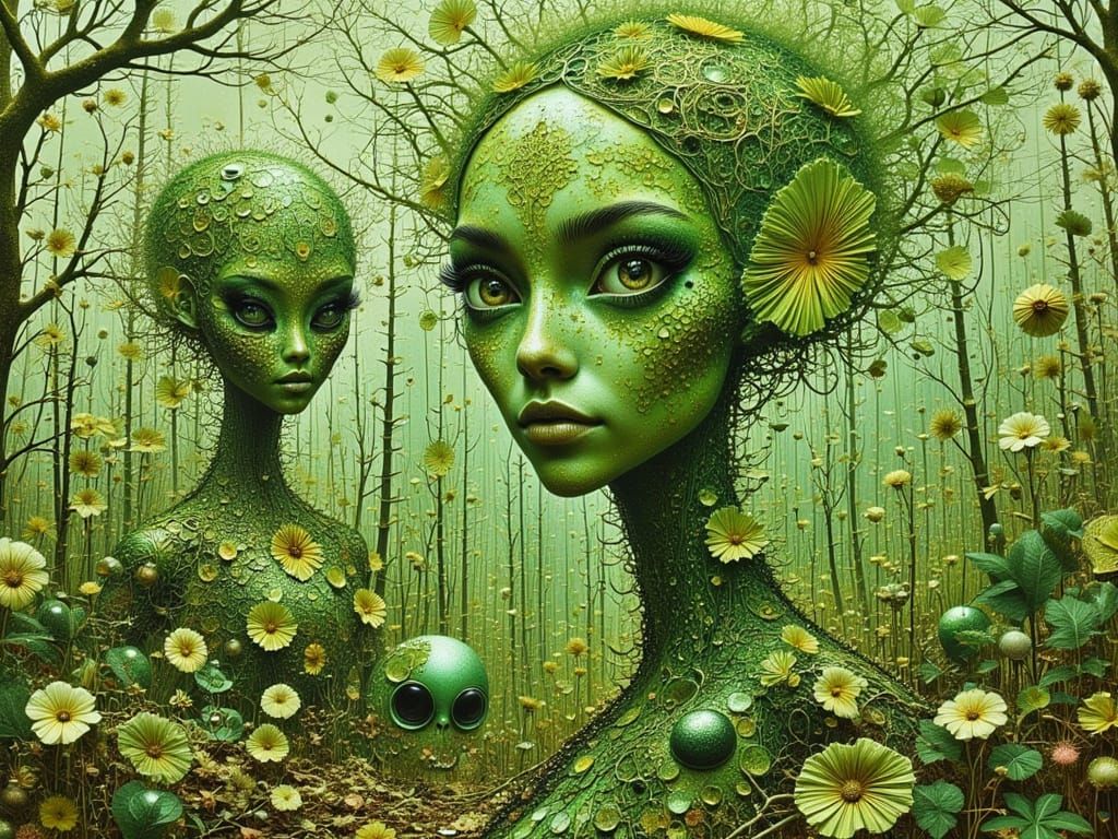 Enchanting Alien Mother and Child in Whimsical Holographic L...