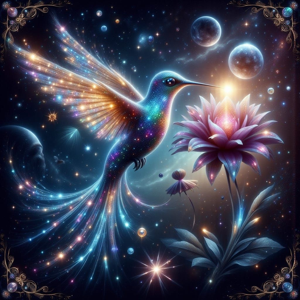 Celestial Hummingbird Sipping Nectar in Cosmic Nebula
