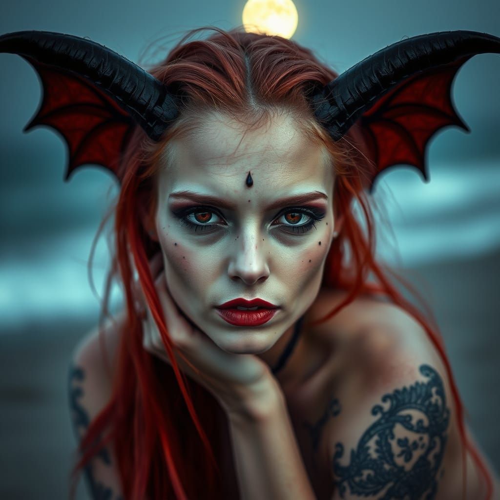 Artistic Portrait of a Red-Haired She-Devil on a Moonlit Bea...