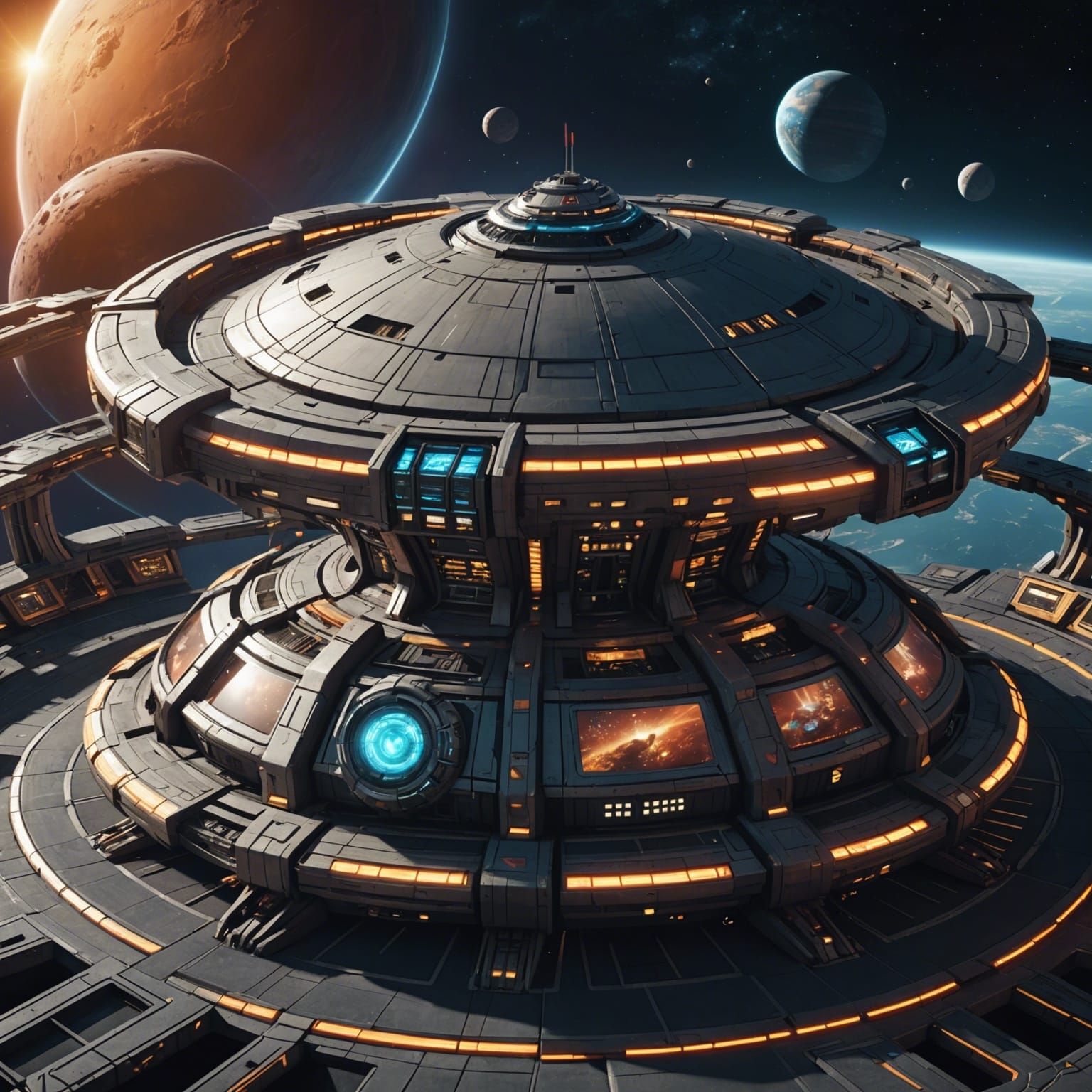 Star Trek, outside space view of an old Orion Star-Base converted by Ferengi into a vibrant busy space-casino.