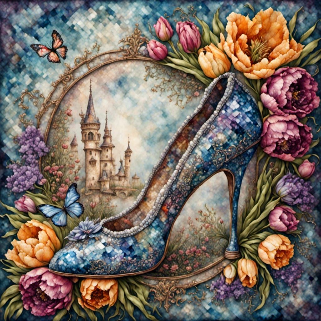 Cinderella's Slipper Among Tulips in Tapestry Style