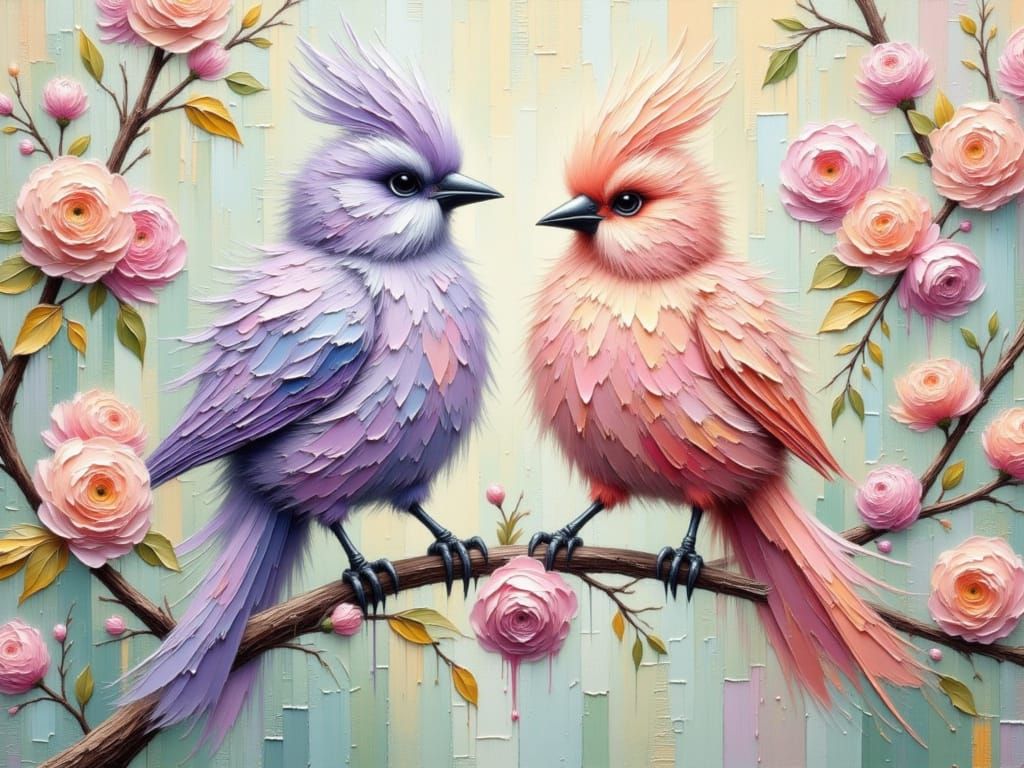 Pastel Birds on Peach Tree in Impasto Oil Style
