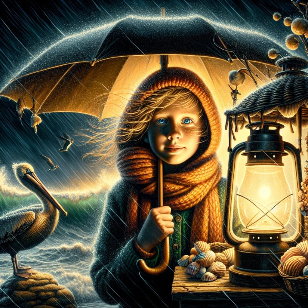 Girl with Umbrella in Rainy Chiaroscuro Scene