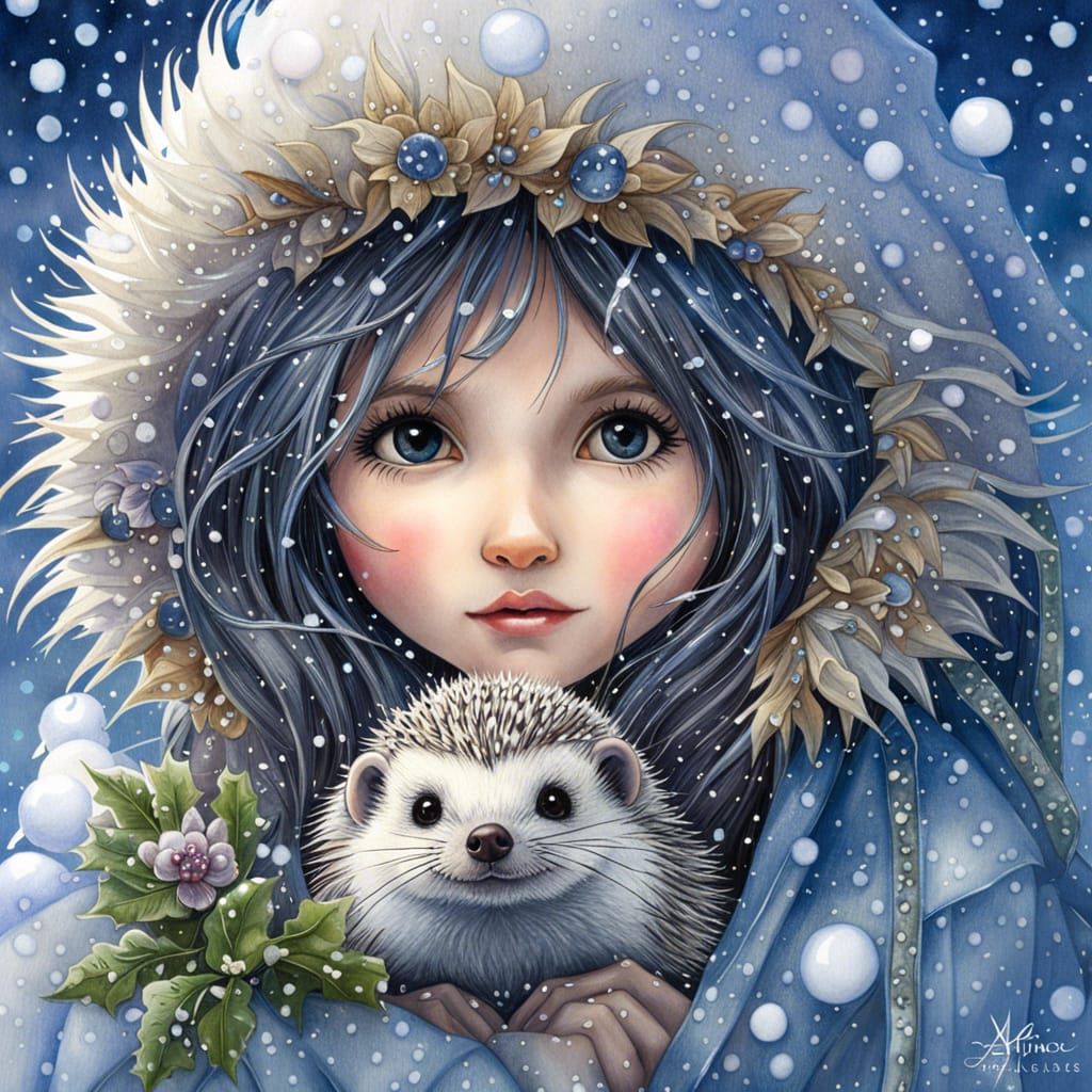 Cute Hedgehog in Winter Snow Scene as Watercolor