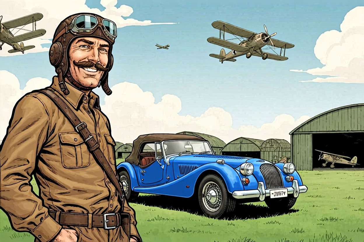 Vintage Pilot and Classic Car, Comic Book Art Style