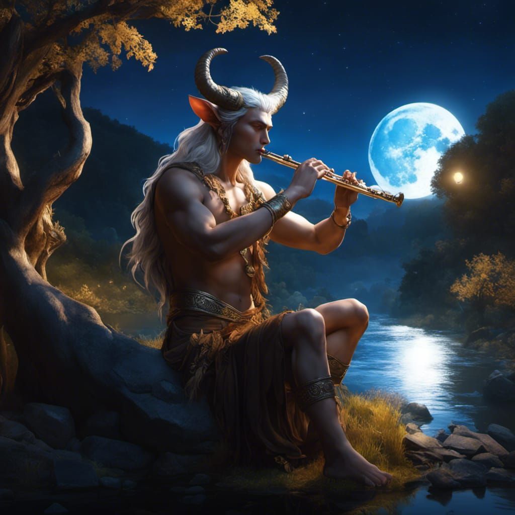 Satyr's Moonlit Flute Serenade: Hyperdetailed Art Nouveau Po...