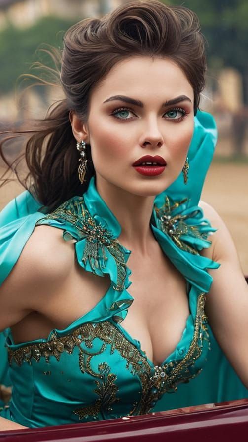 Brunette Victory on Maroon Car in Art Deco Style