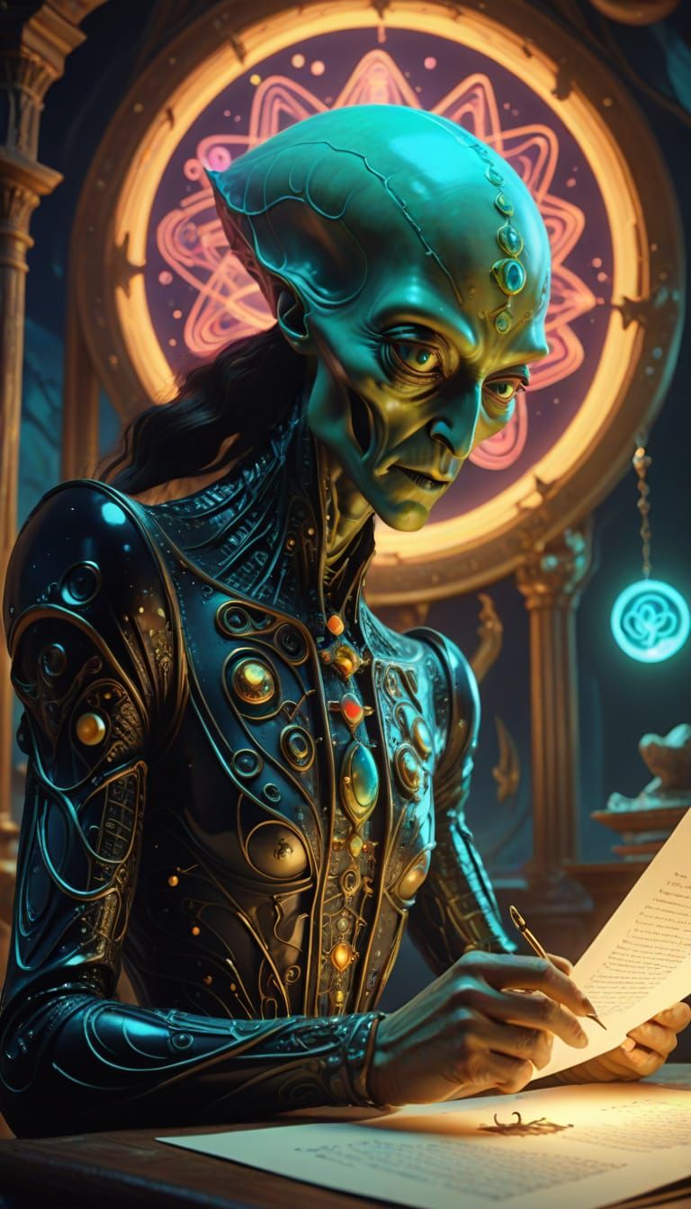Surreal Salvador Dali-Inspired Alien Reading Ancient Text