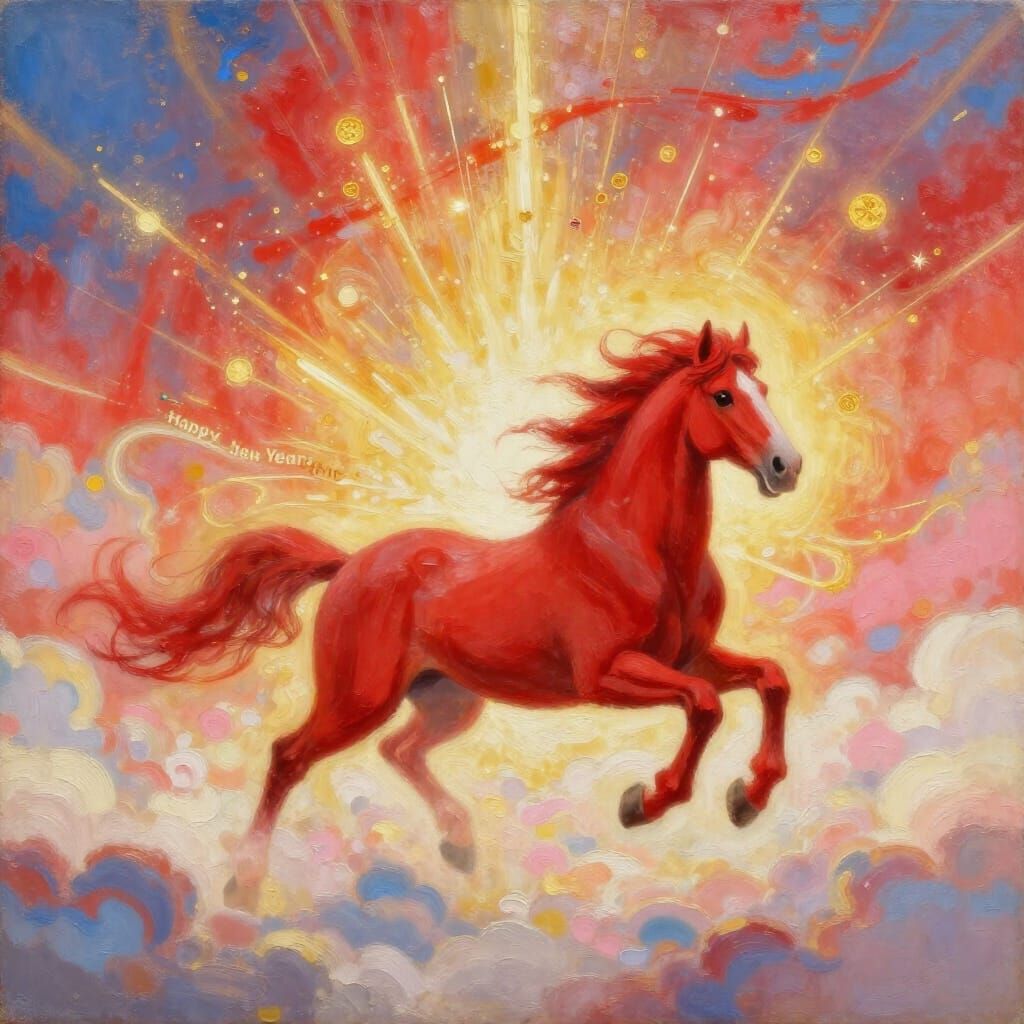 Red Horse of Light: New Year Fine Art Oil Painting