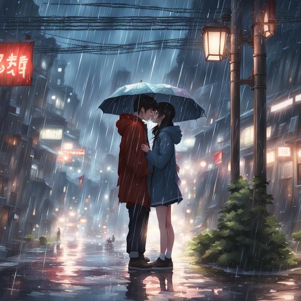 Romantic Korean Couple Kissing in Rainy Anime Style