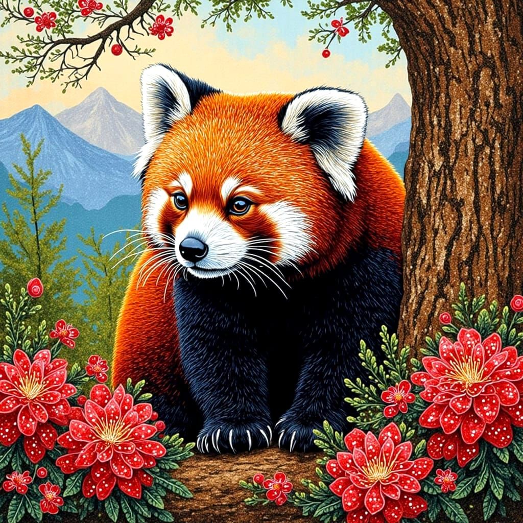 Stunning Red Panda in Aboriginal Dot Painting Style