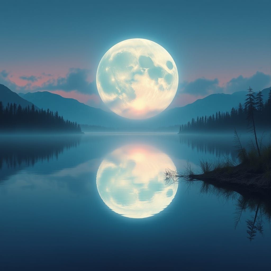 Iridescent Moon Reflecting on Lake, Dreamy Lighting
