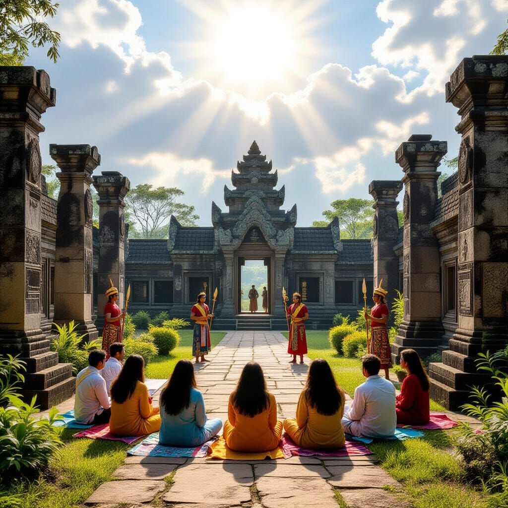 Spiritual Students Meditate in Ancient Temple Garden