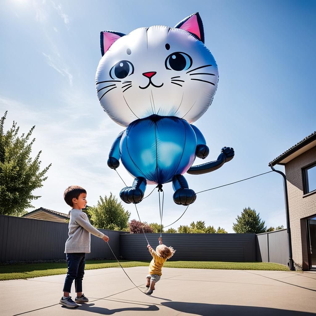 Giant Cat Balloon Lifts Child