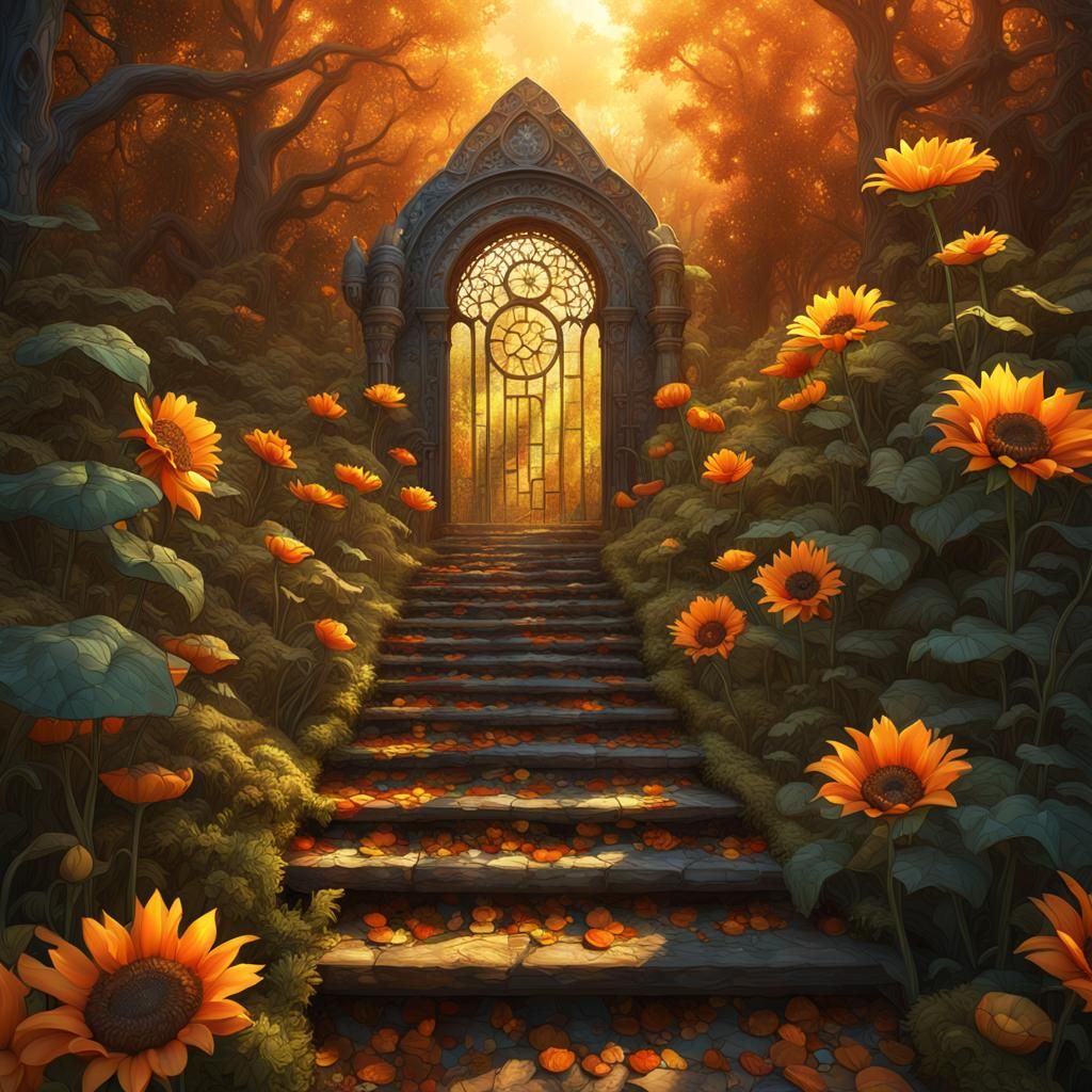 Stained Glass Staircase in Forest, 3D Render