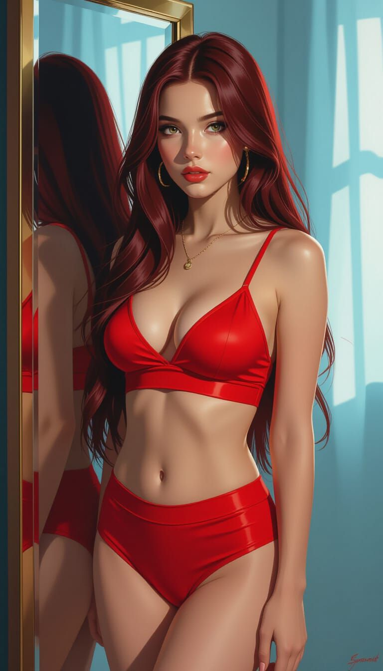 Young Woman with Red Hair Posing, Hyperrealistic Style
