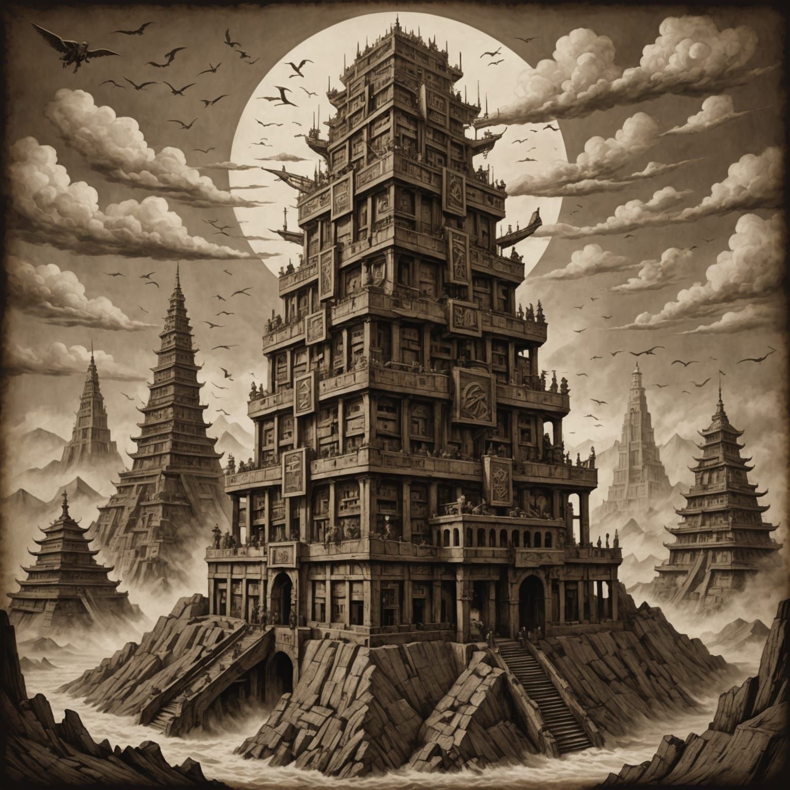 Steampunk Tower of Babel in Sepia, Charcoal Drawing