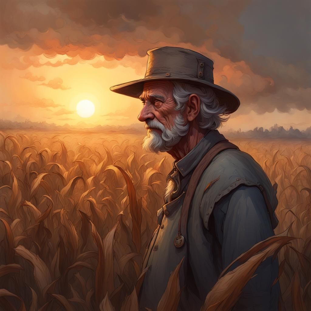 Discouraged Farmer in Withered Field, Hyperdetailed Art