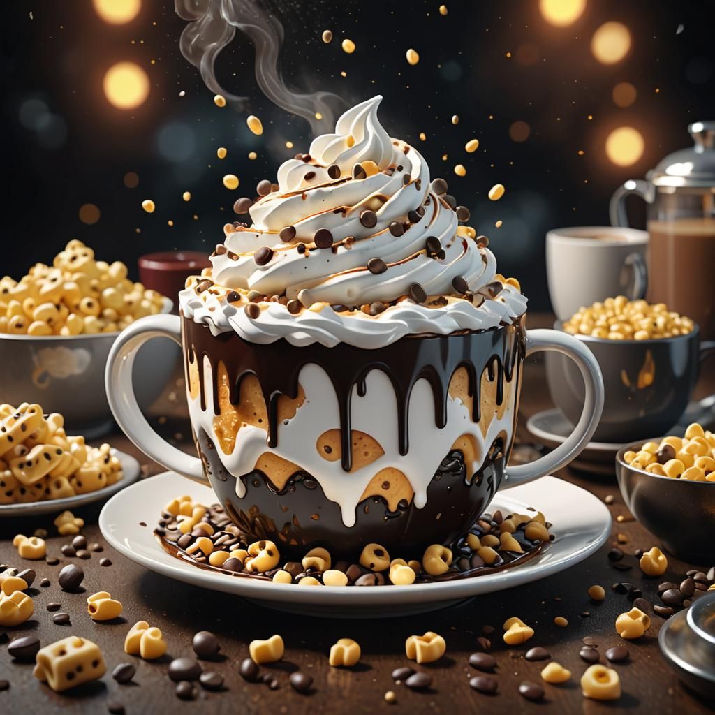 a cup of hot coffee,foam,whipped cream,chocolate chips, maca...