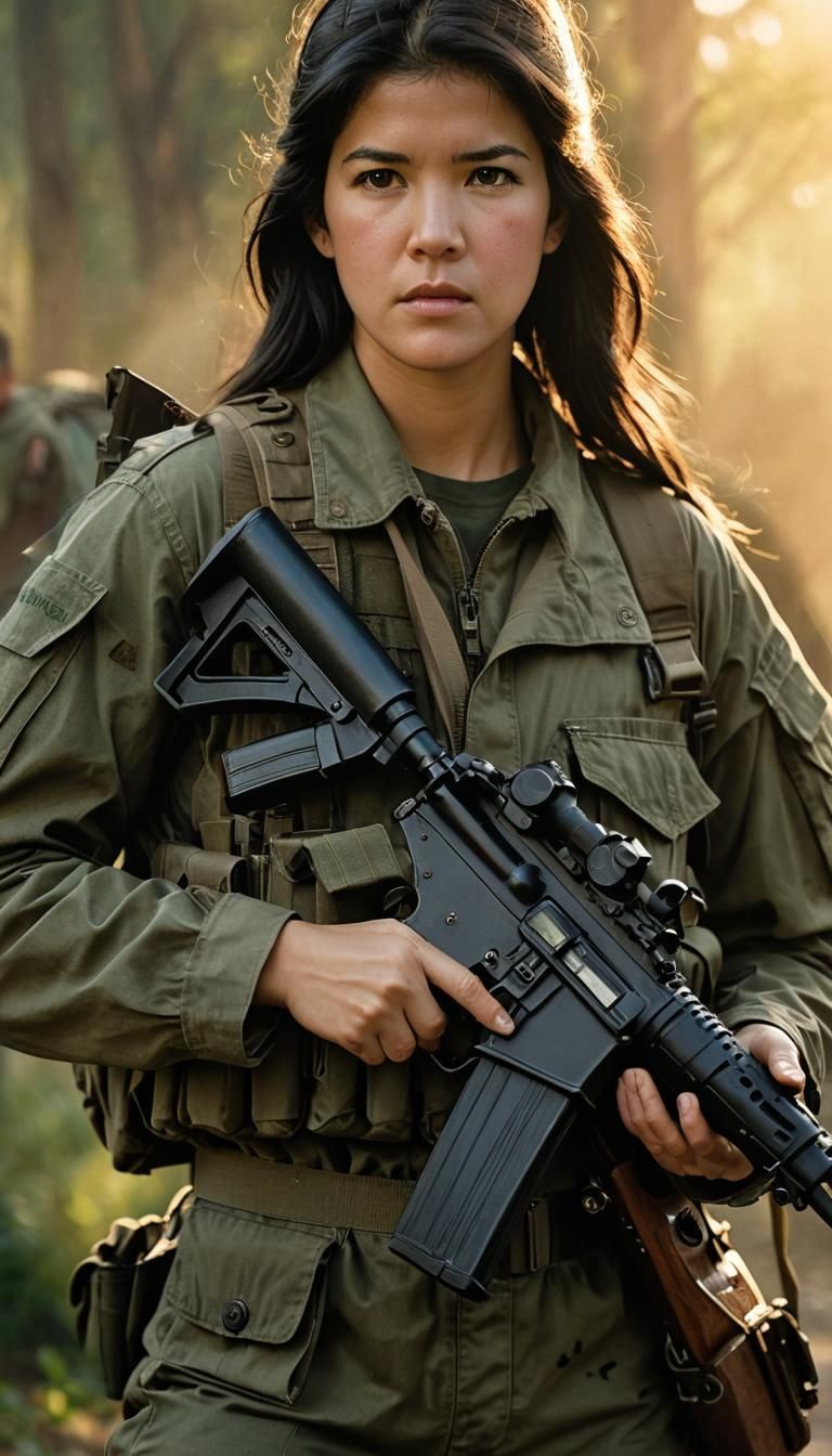 Woman in Military Fatigues: Photorealistic Portrait