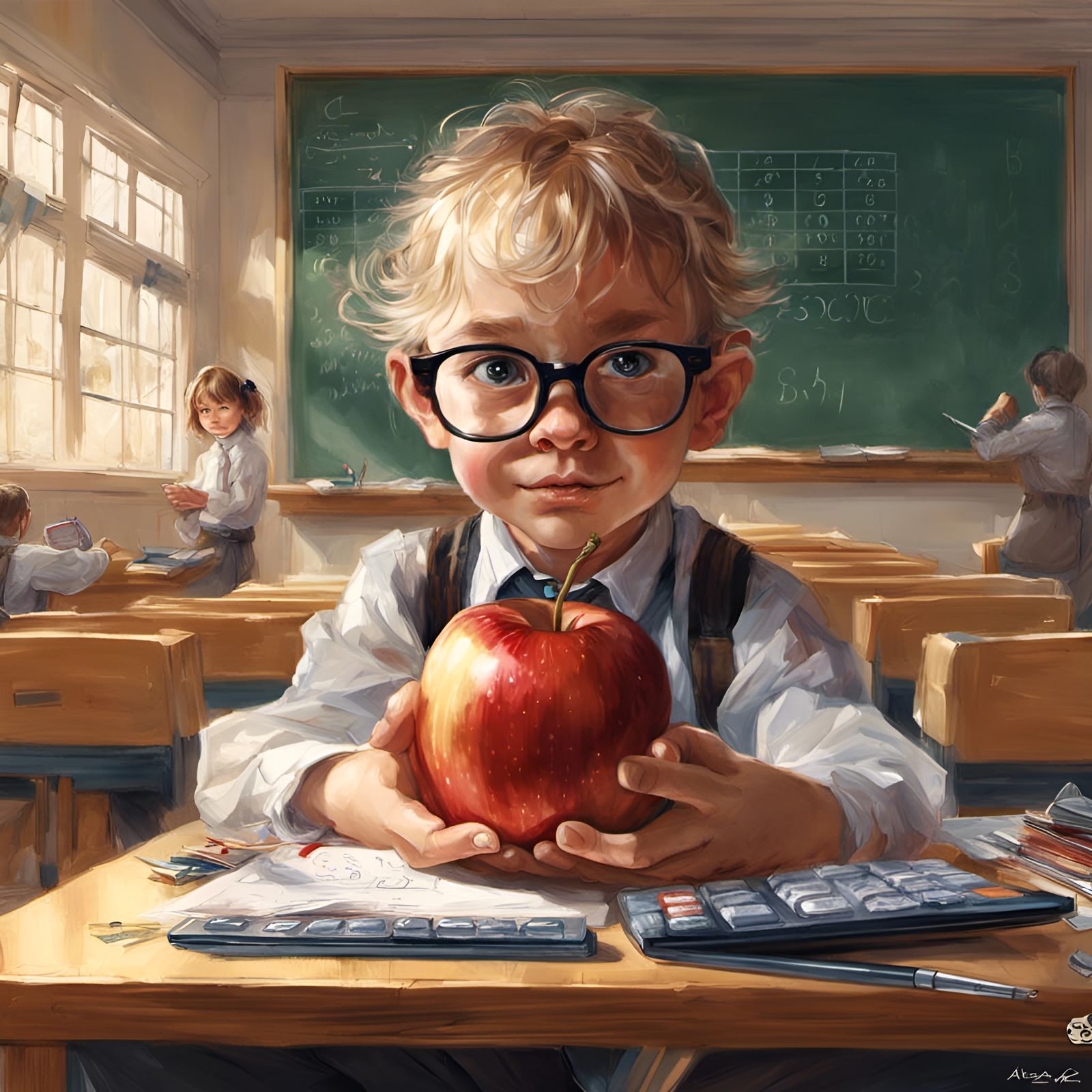 Apple Character in Classroom: Digital Illustration
