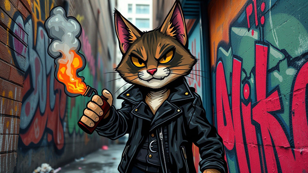 Cartoon Cat Throws Molotov Cocktail: Graffiti Street Art
