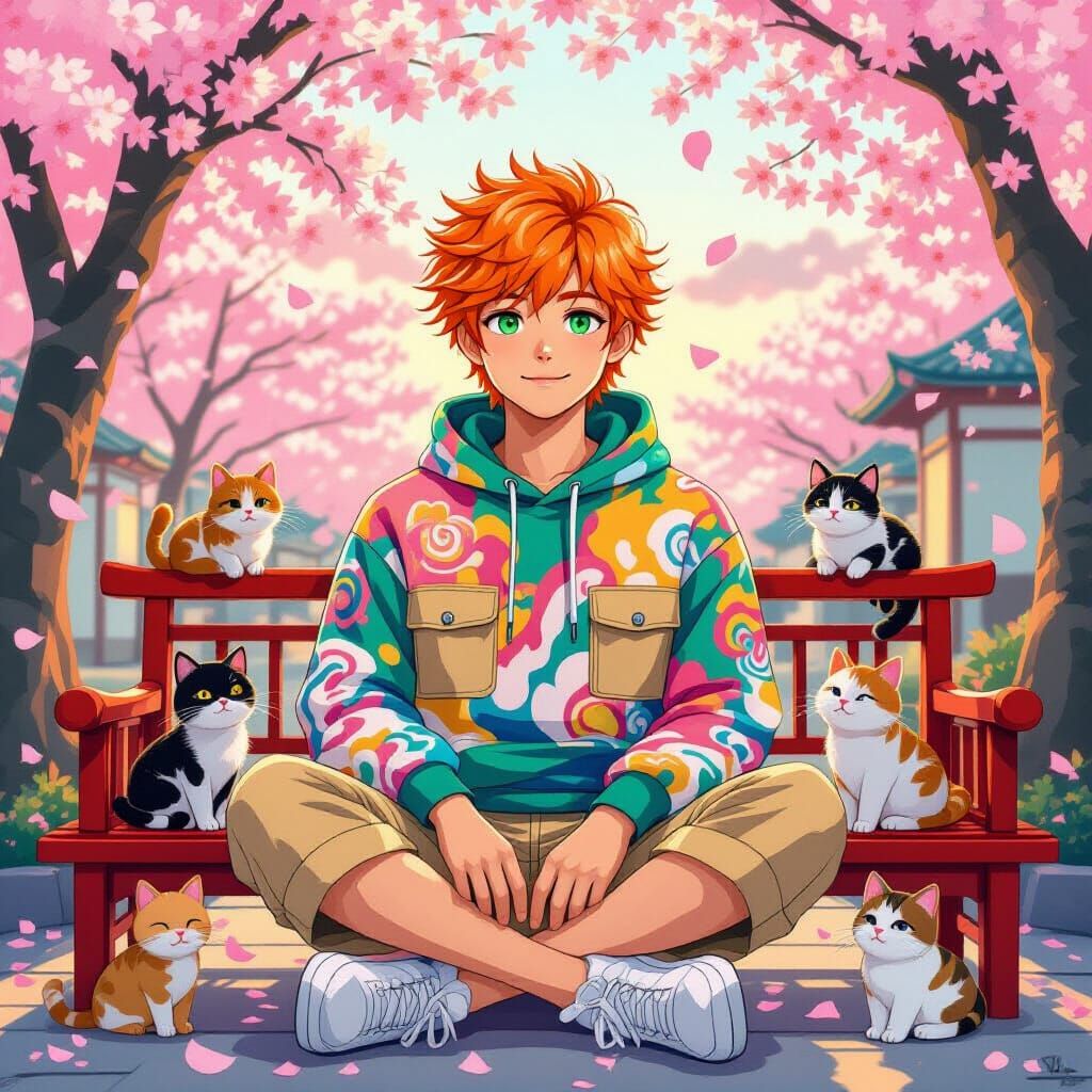 Man with Cats Under Cherry Blossoms, Anime Style