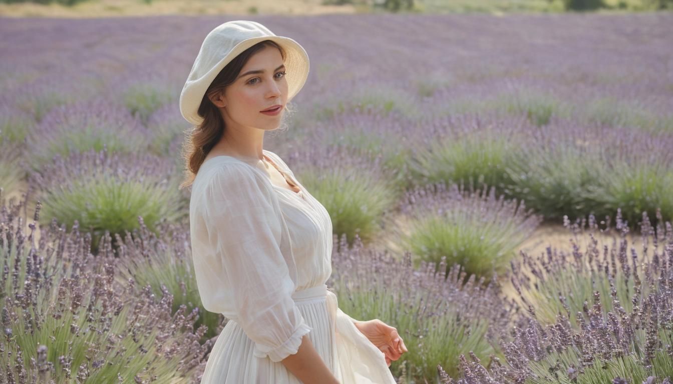 Impressionistic Woman in Lavender Field, French Village