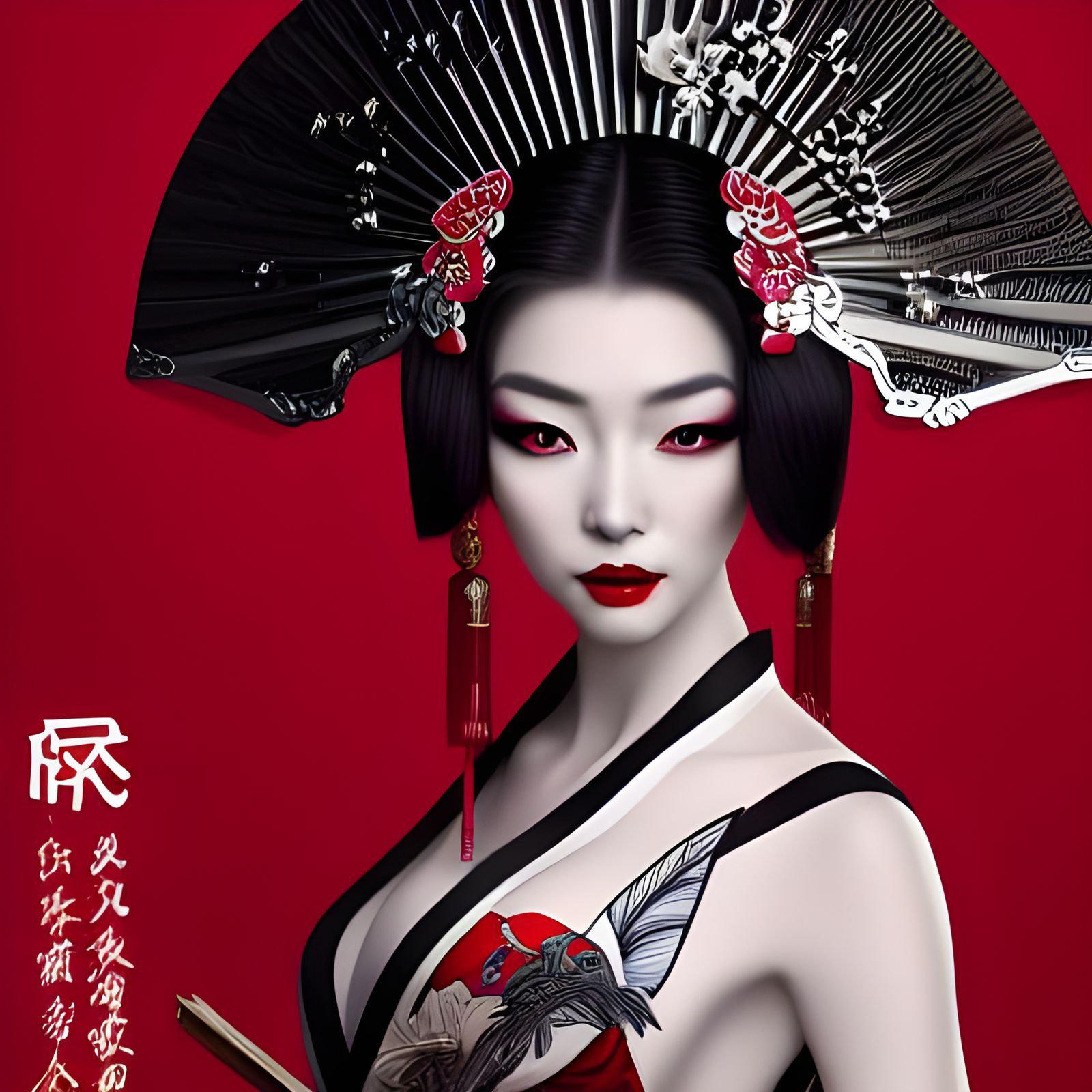 Geisha with Peacock Tail in Digital Art Style